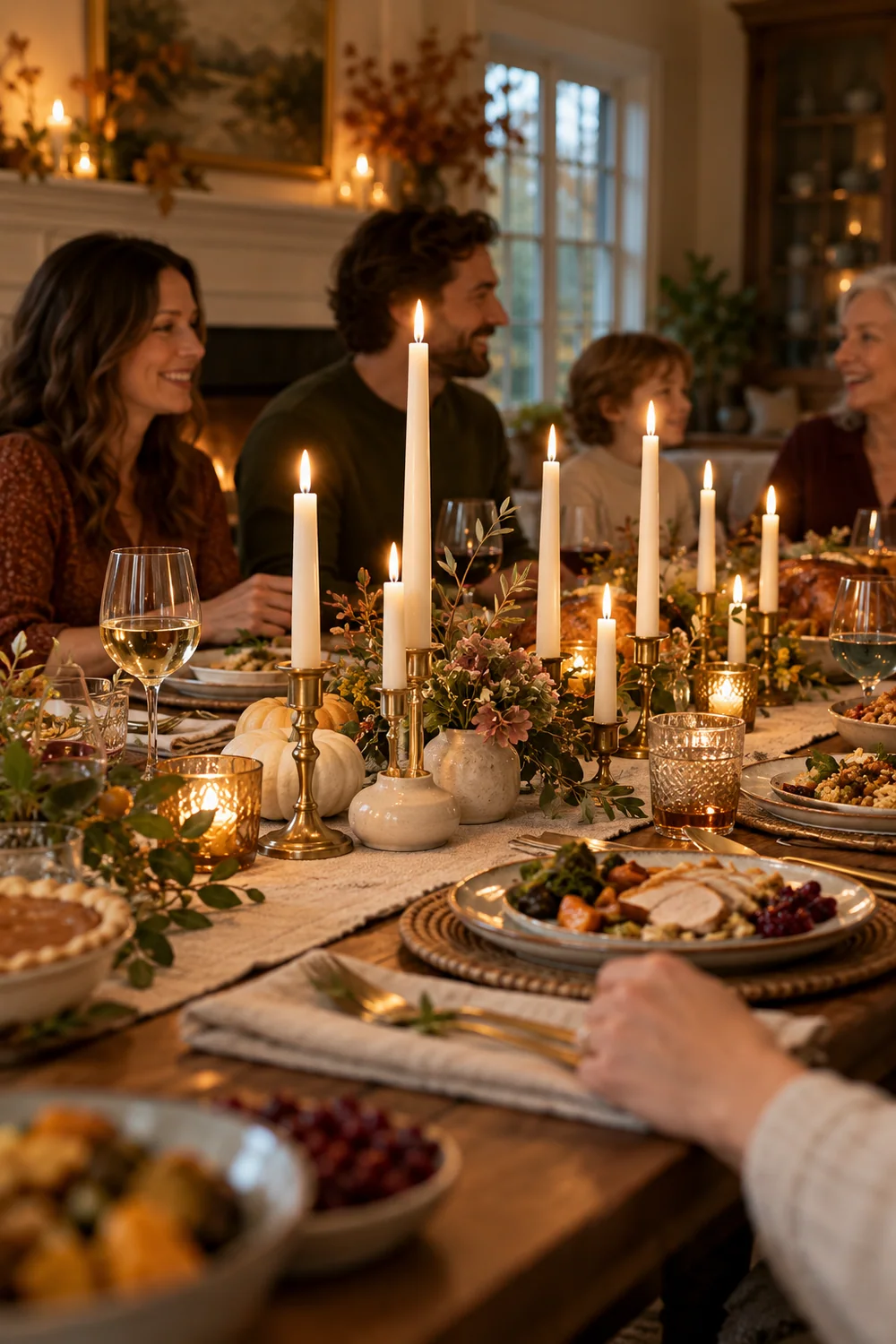 Mixed-height taper candles glowing on a Thanksgiving table