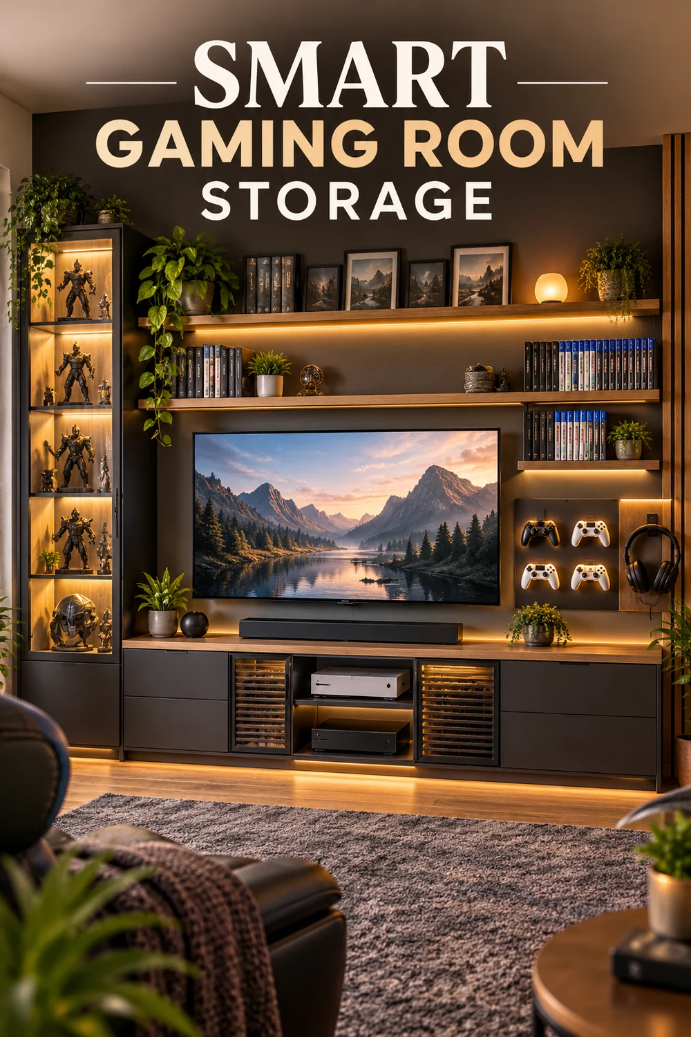 Organized gaming room with shelves, cabinets and controller storage