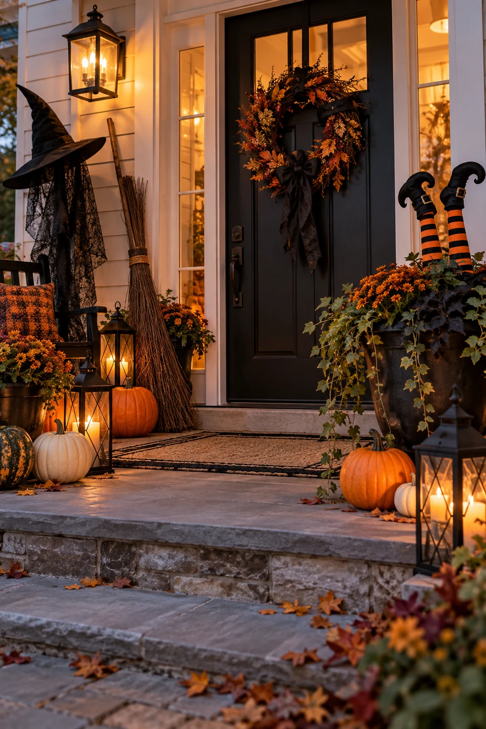 Witch themed Halloween porch with broom hat striped legs and pumpkins