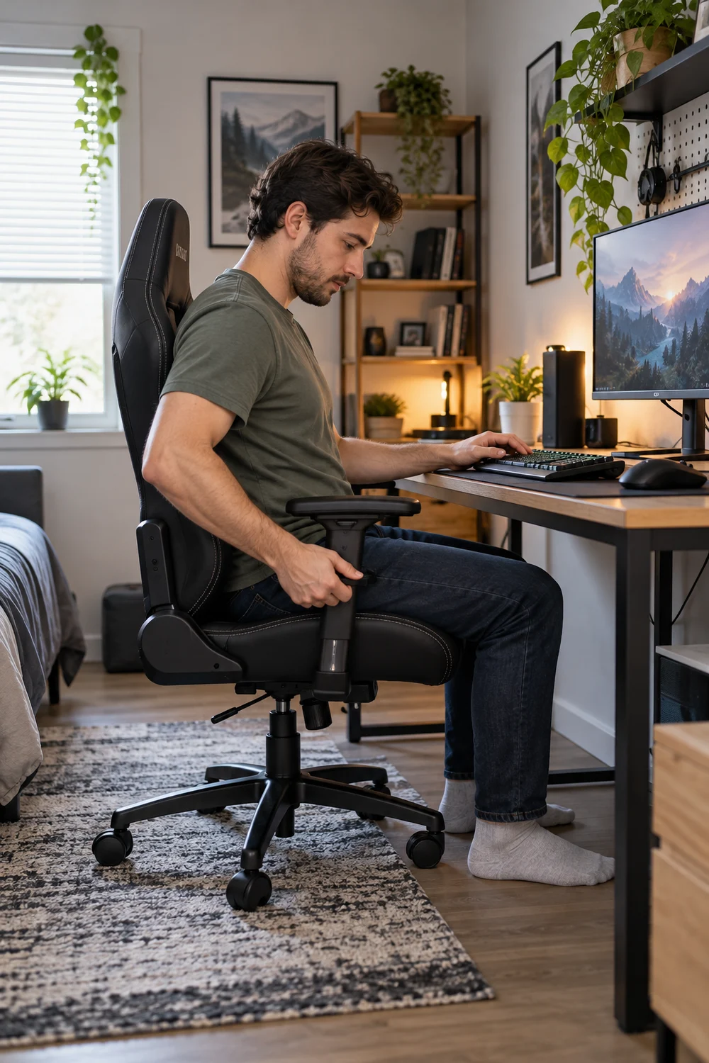 Adjusting an affordable gaming chair so feet rest flat and arms align with the desk