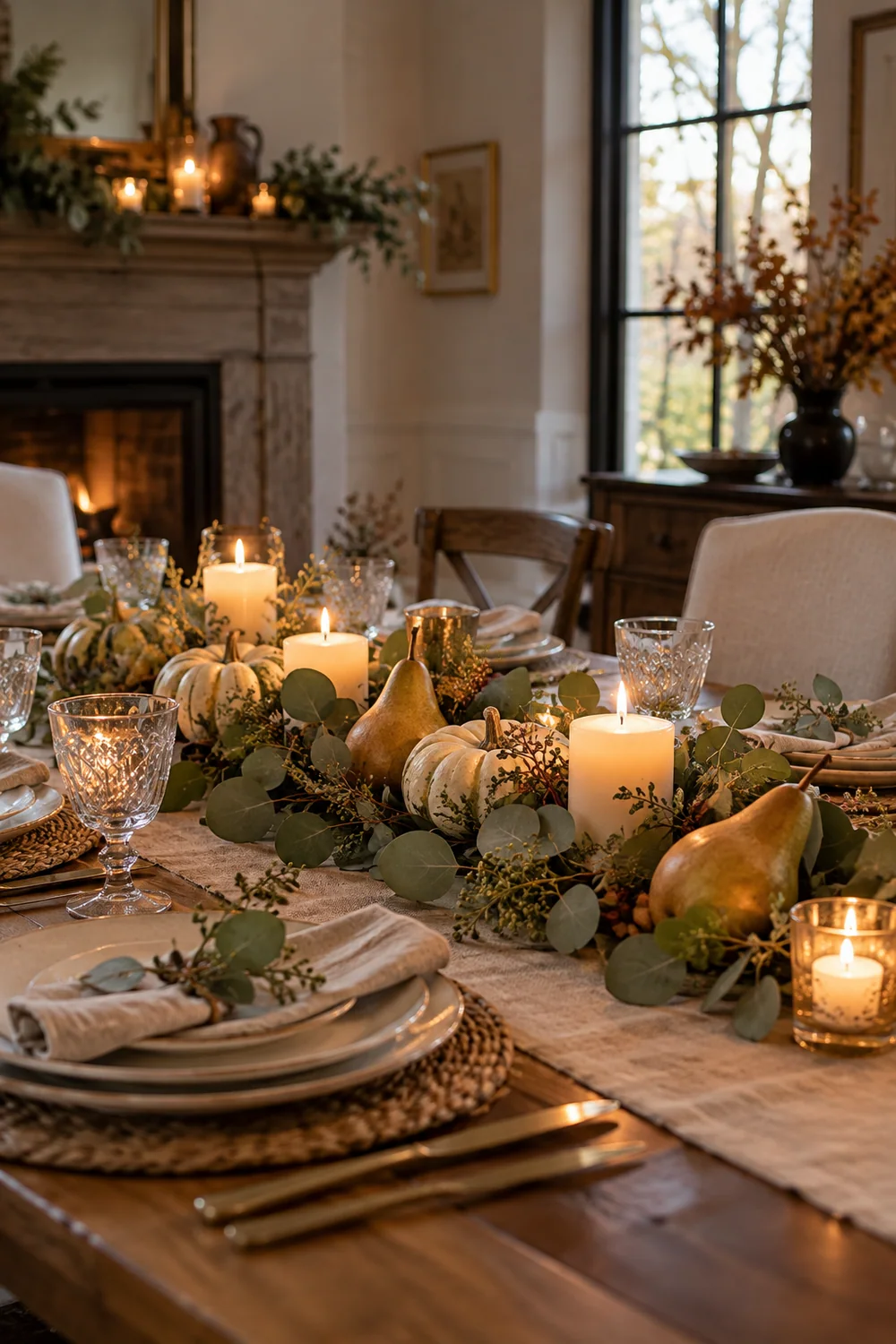 Low Thanksgiving centerpiece with pumpkins pears and greenery