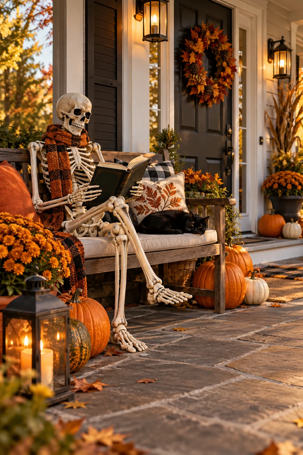 Skeleton reading on an autumn porch bench beside pumpkins and lanterns