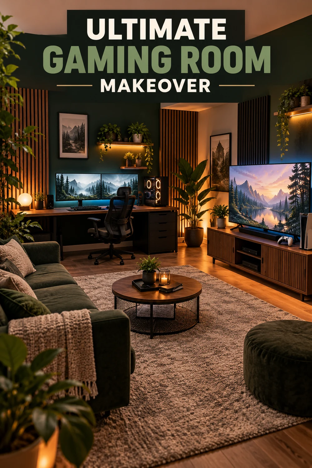 Cozy gaming room with PC desk, console area, sofa and organized lighting
