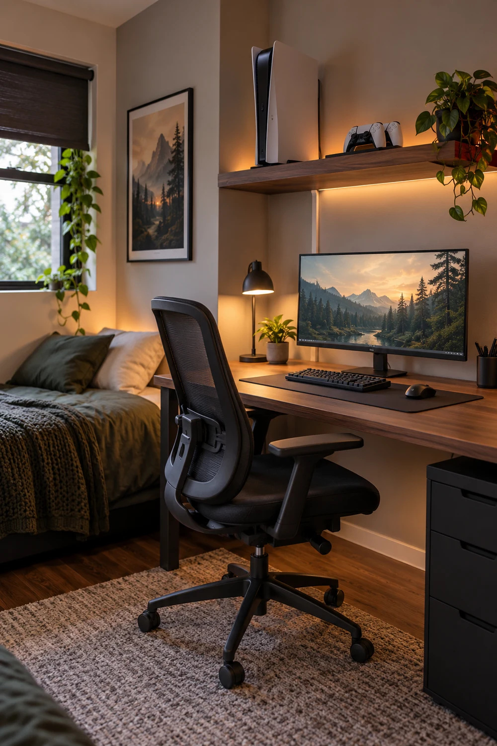 Stack a Console Shelf Above the Desk, Not Beside It Game console and controller dock stored on a floating shelf above a small gaming desk
