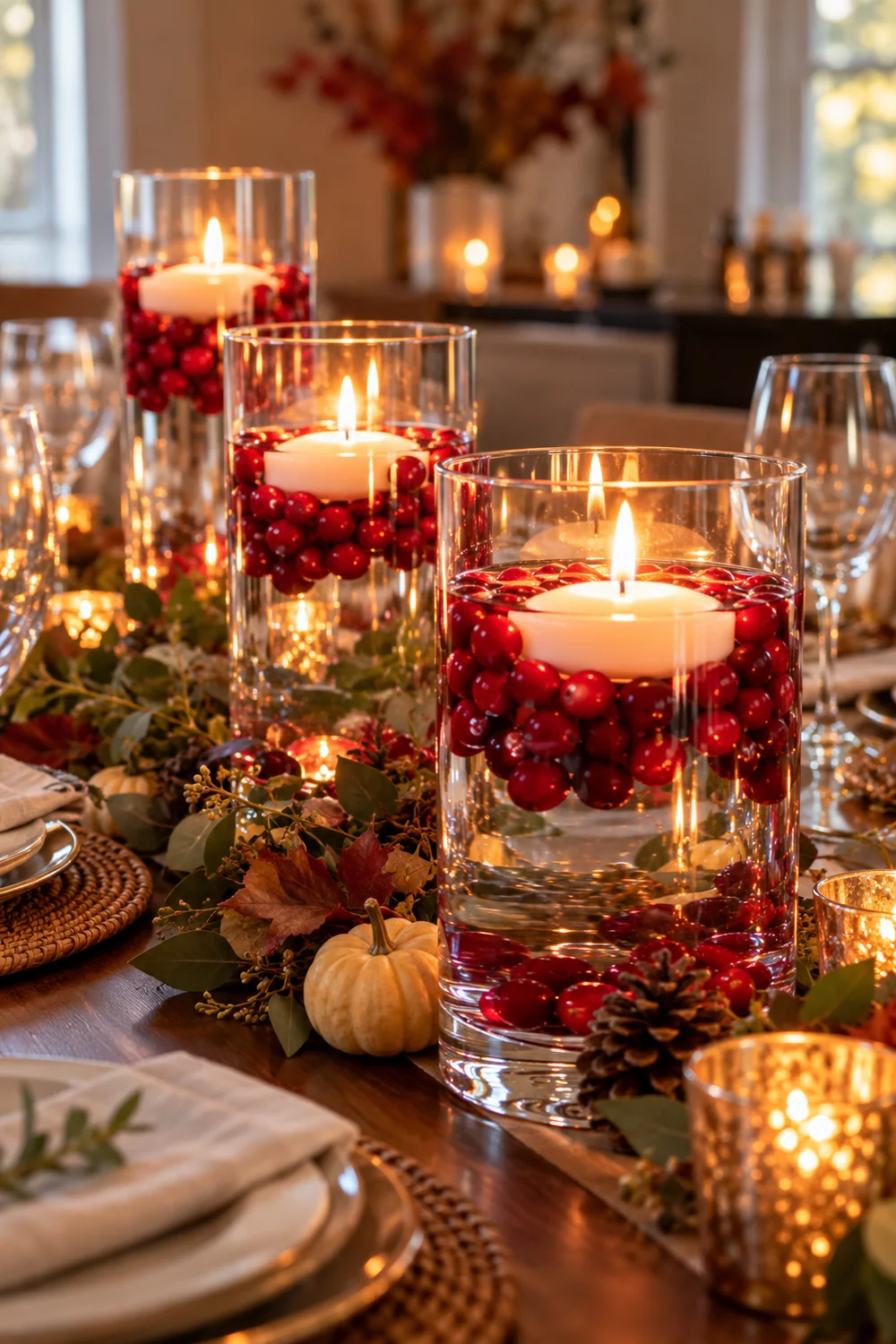 Floating candles with cranberries in glass jars