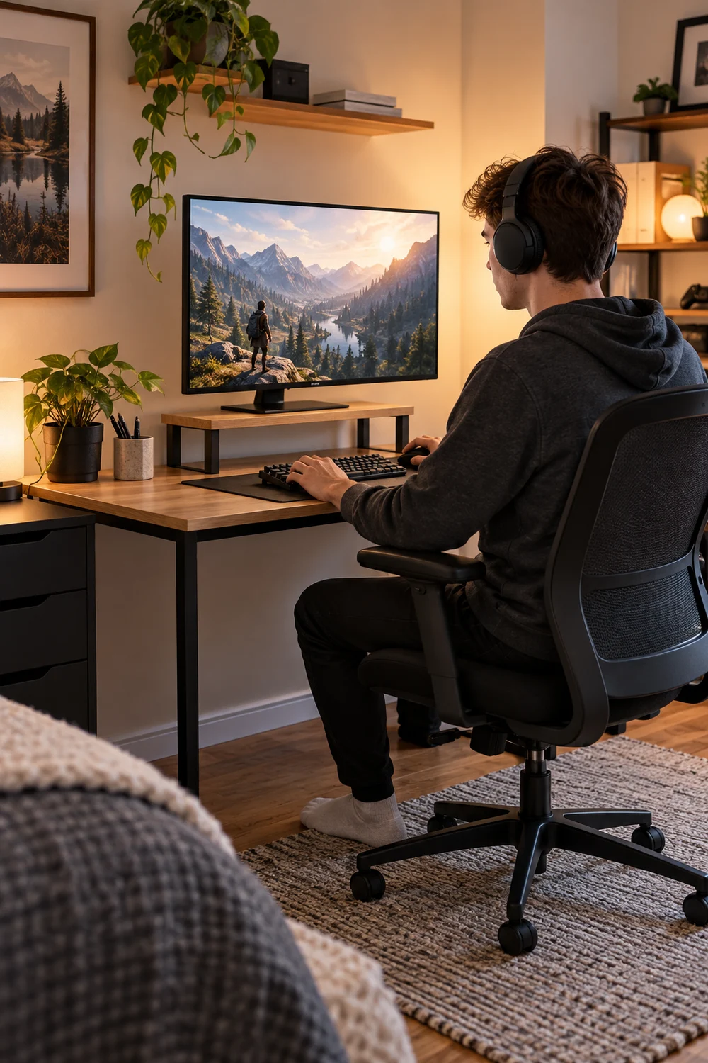 Monitor raised to eye level on an inexpensive desk stand
