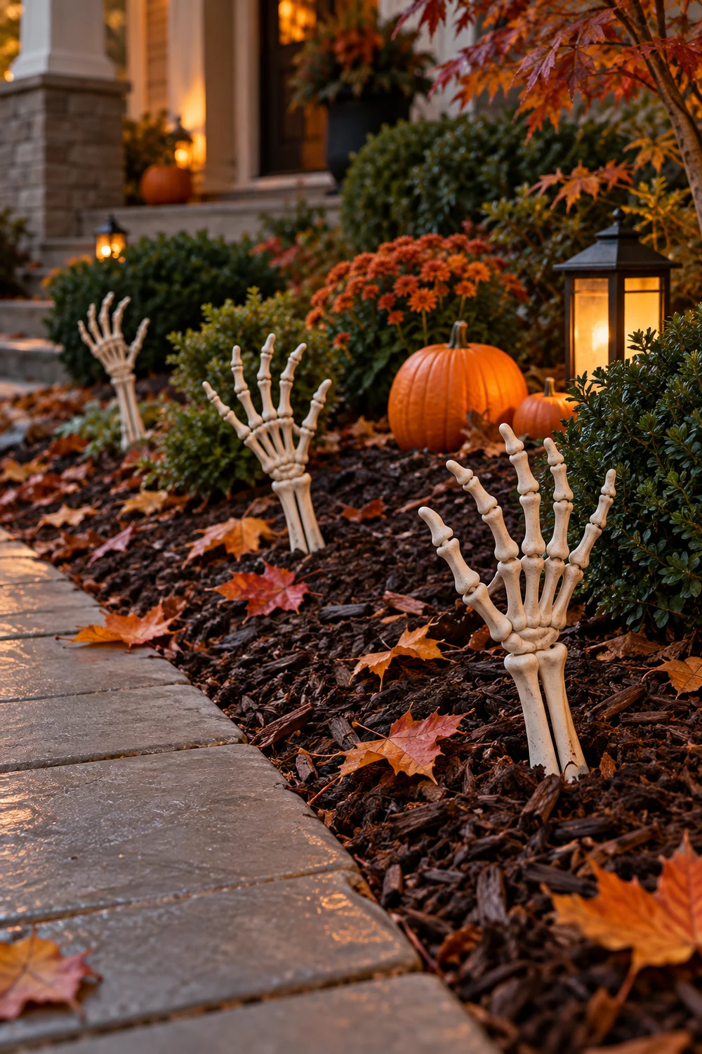 Skeleton hands emerging from a mulch bed beside an autumn walkway