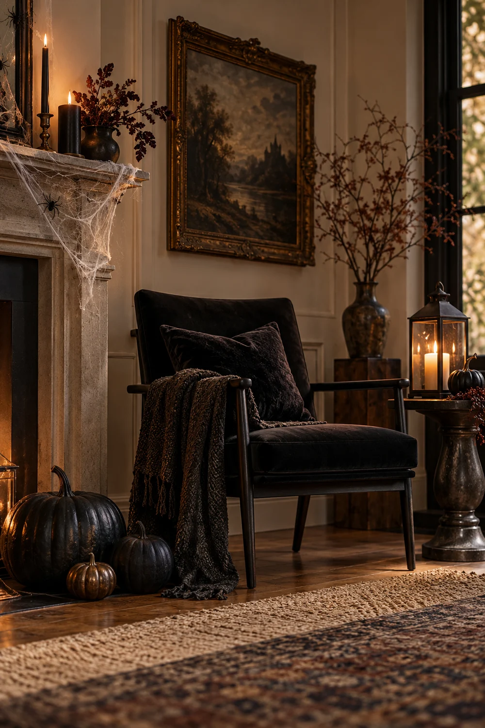 Stylish Halloween Cobweb Corner Stylish Halloween corner with restrained cobwebs, black chair, lantern, and pumpkins