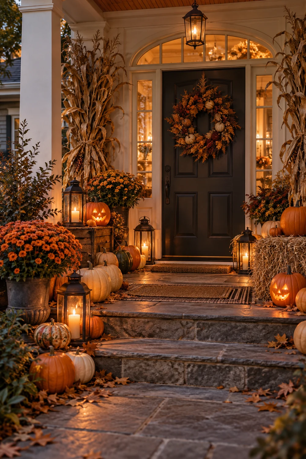 Vintage Halloween porch with corn stalks lanterns hay bales and pumpkins