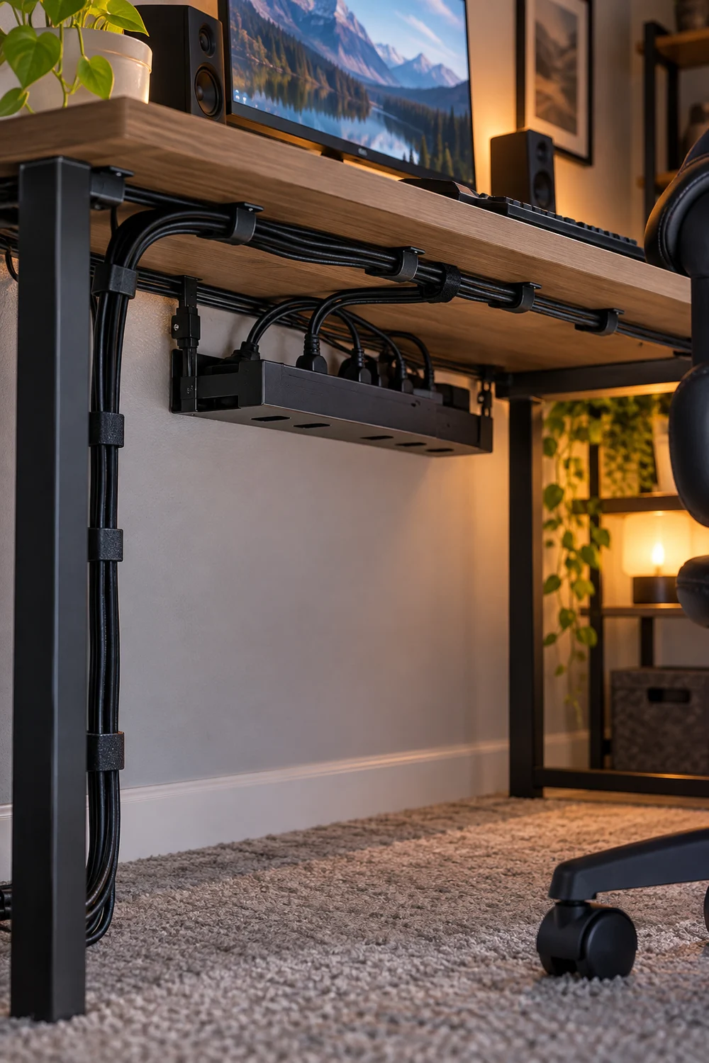 Tidy under-desk cable management using clips, reusable ties, and a power strip tray