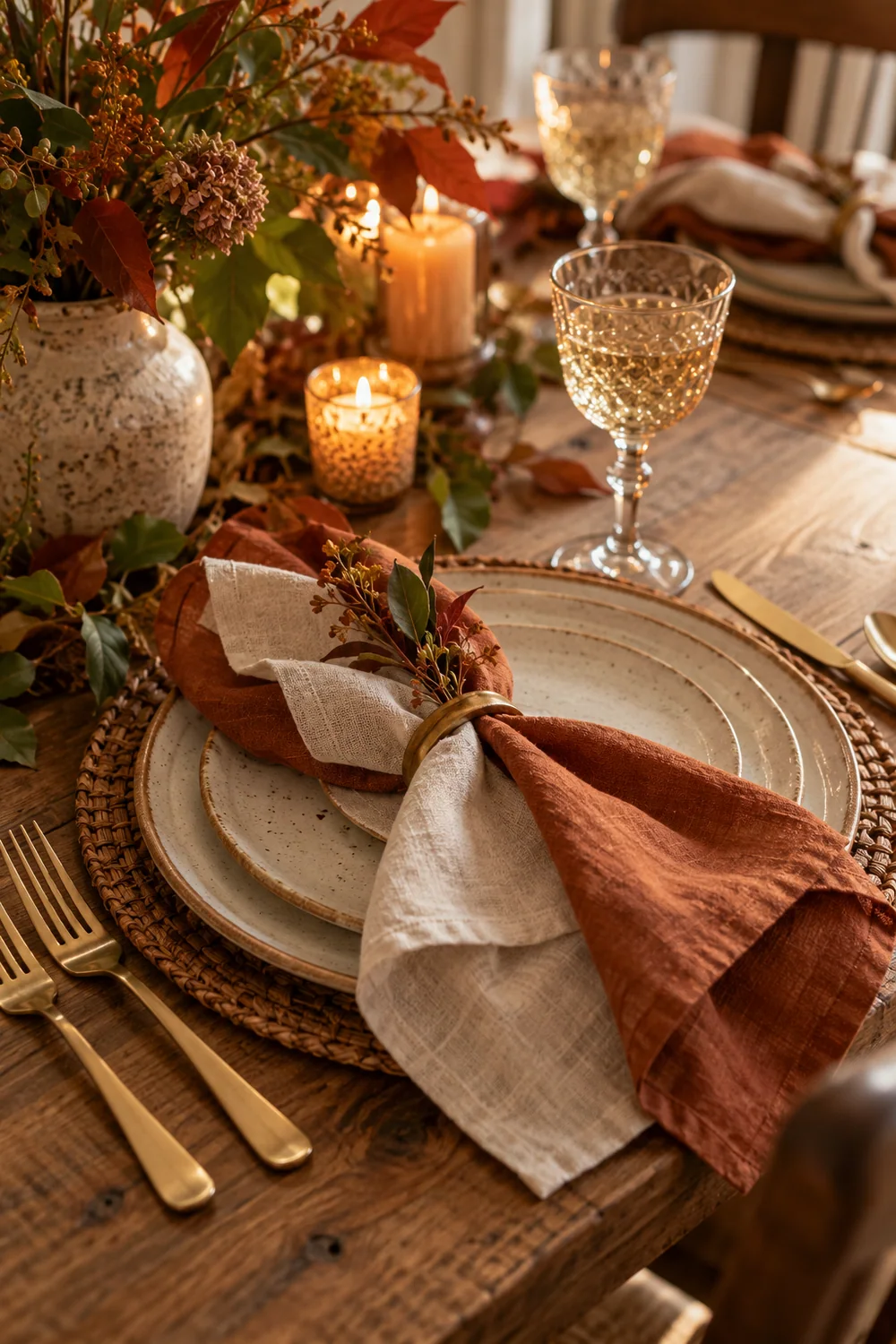 Layered rust and cream napkins on a Thanksgiving place setting