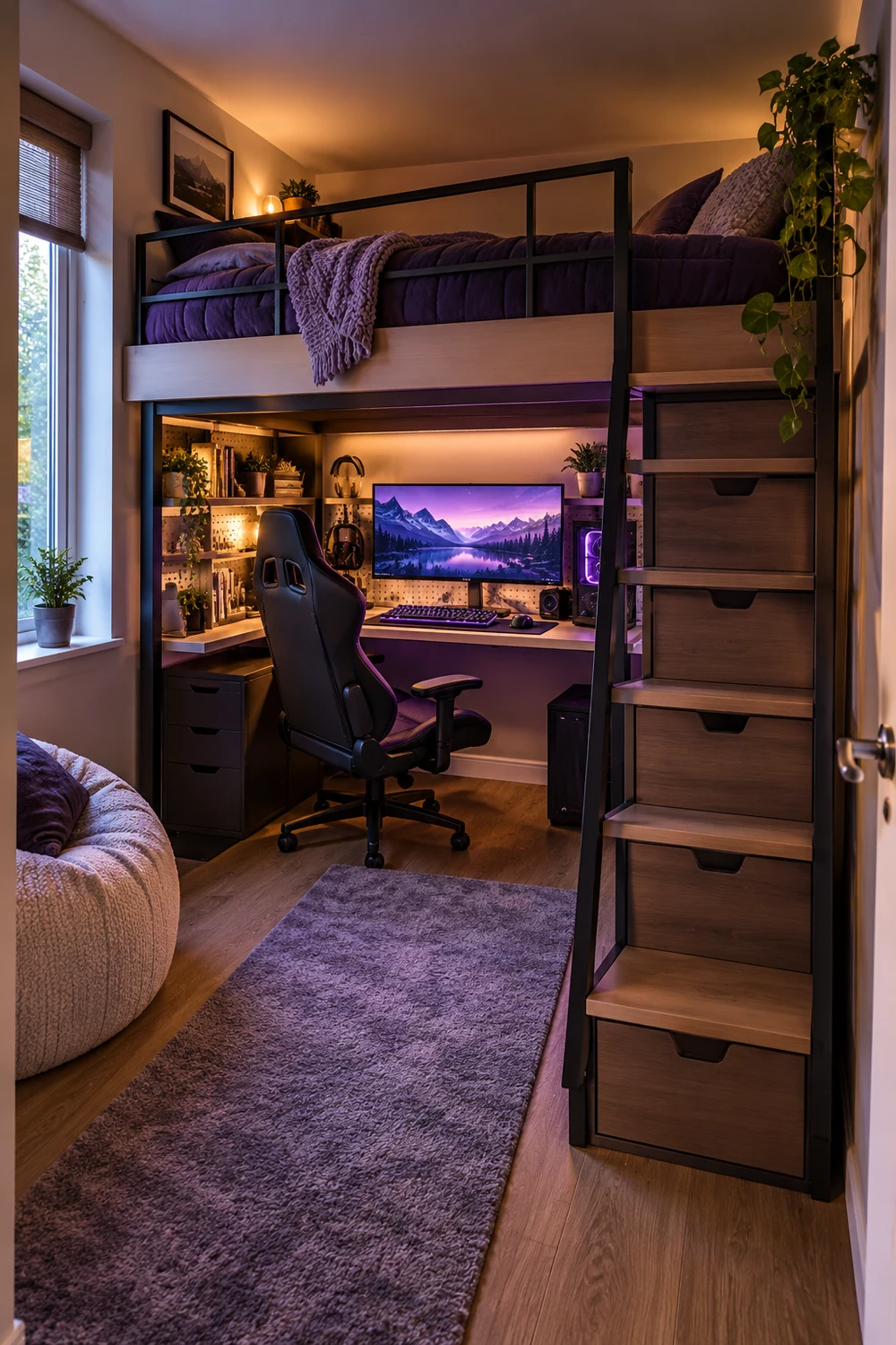 Try a Loft Bed With the Gaming Desk Underneath Compact gaming desk and monitor fitted beneath a loft bed