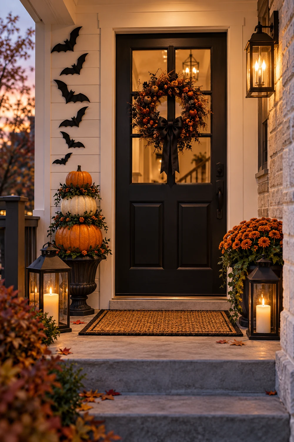 Small Halloween porch with pumpkin topiary bats wreath and lanterns
