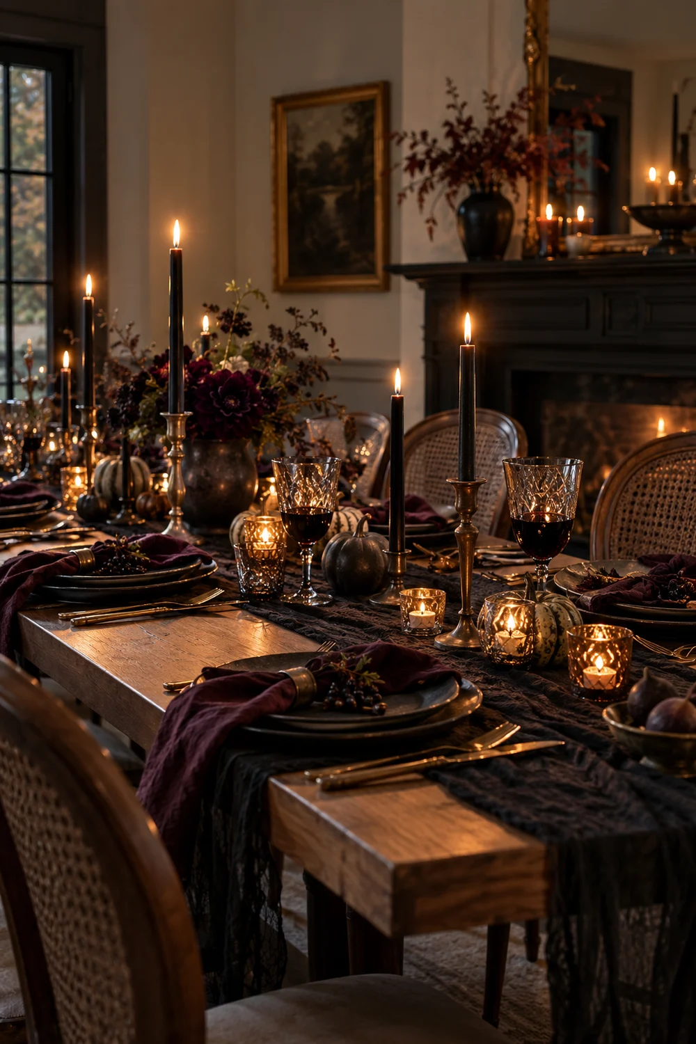 Elegant Black Linen Halloween Table Elegant Halloween dining table with black linen, plum napkins, and mismatched candlesticks