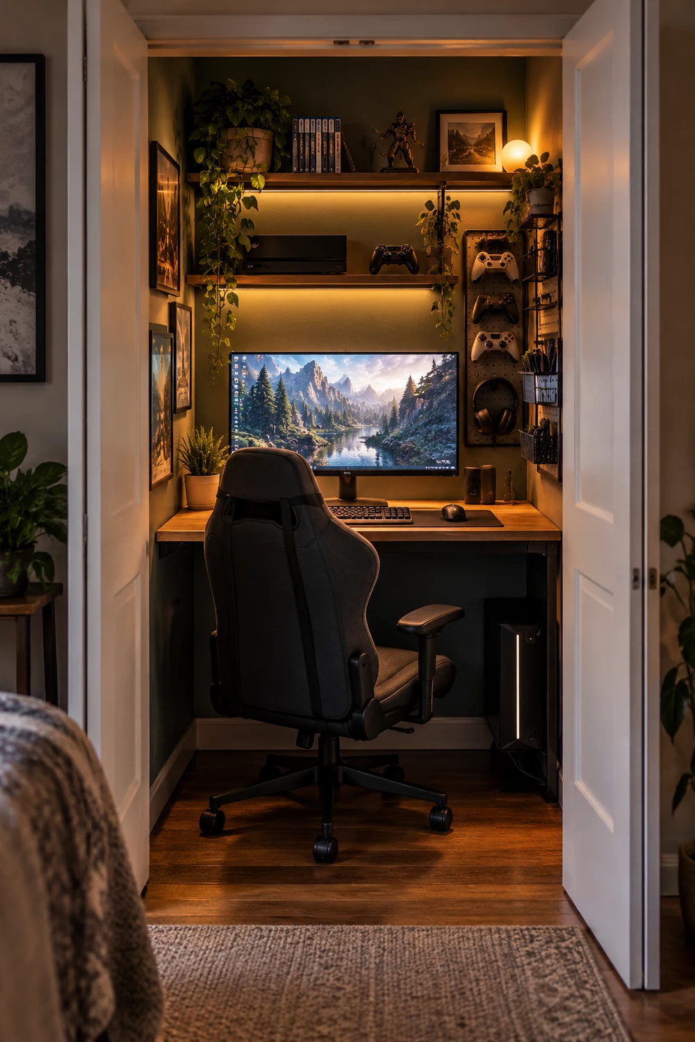 Turn a Closet Into a Gaming Nook Unused closet converted into a compact gaming nook with desk and shelves