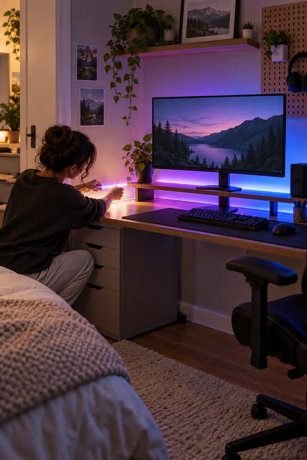 Installing LED light strips behind a budget gaming desk and monitor