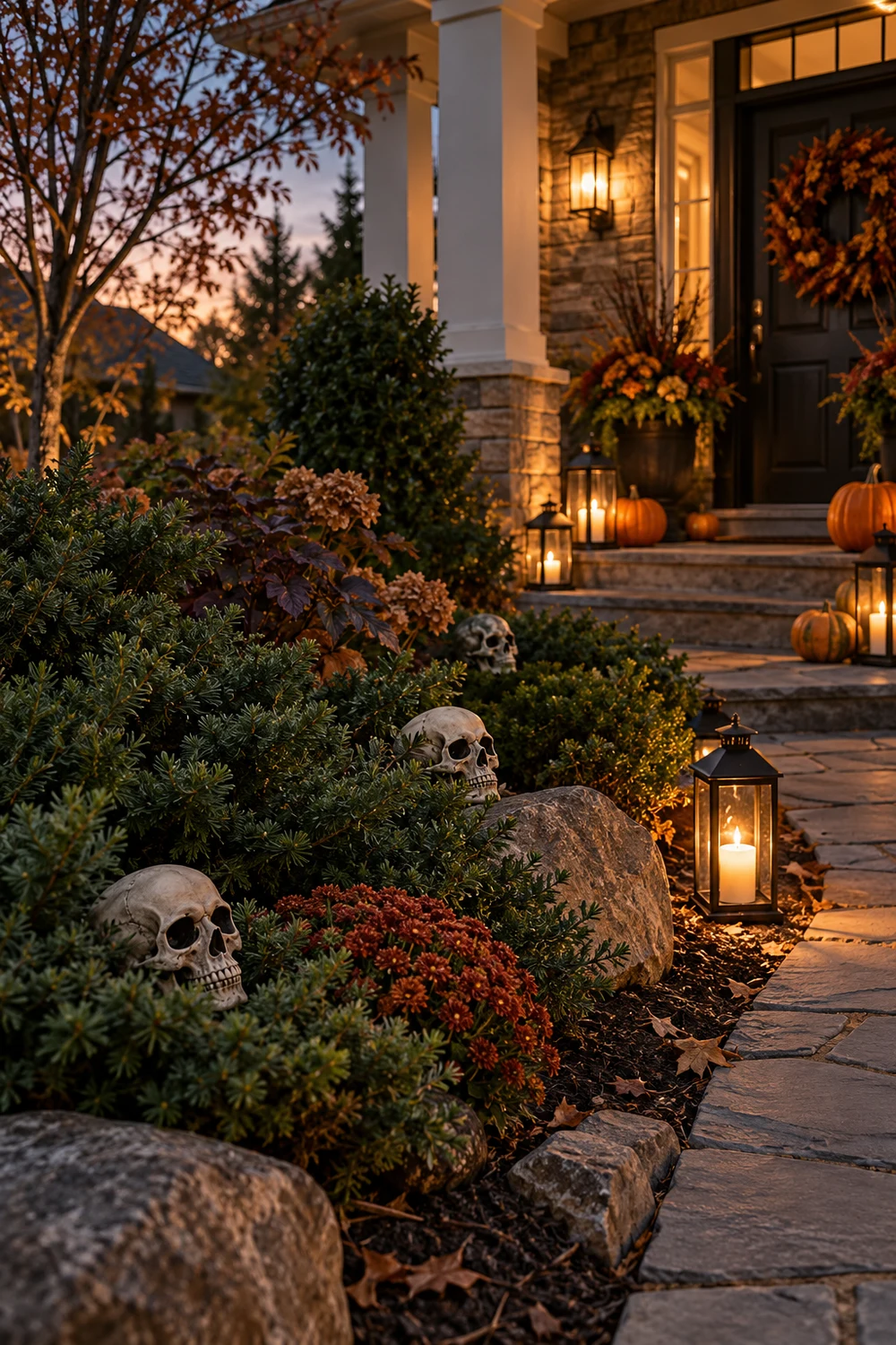 Decorative skulls tucked into shrubs beside a lantern-lit path