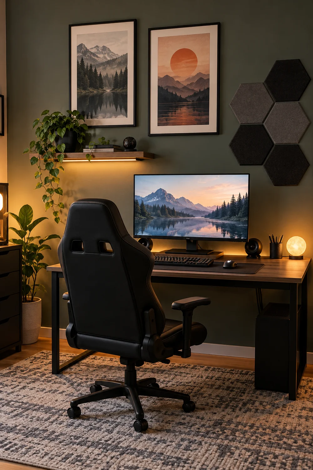 Affordable wall decor with framed prints, a plant shelf, and acoustic panels above a gaming desk