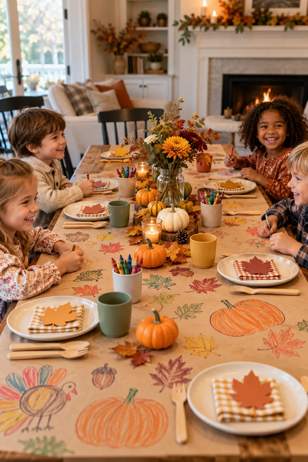 Kids Thanksgiving table with butcher paper and crayons