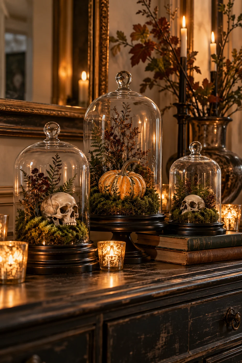 Glass Cloche Halloween Display Glass cloches filled with moss, miniature skulls, and a small pumpkin
