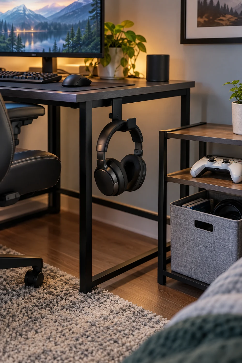 Headphones on an under-desk hook beside organized controller storage