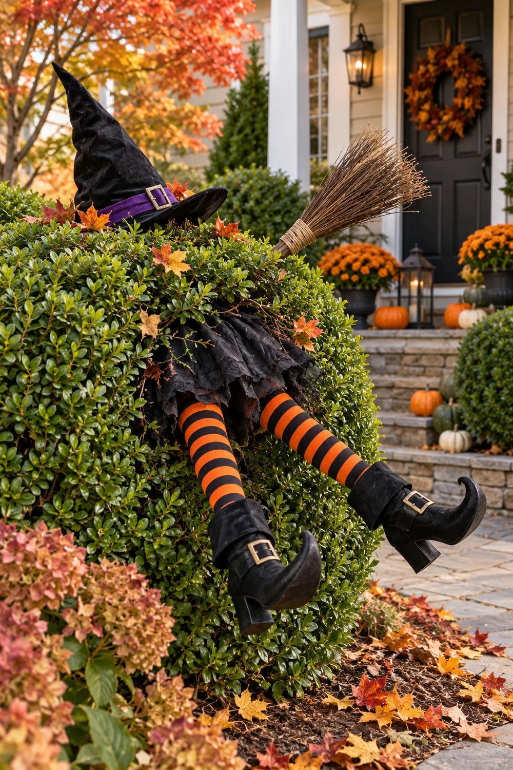 Witch crash decoration with striped legs and broom in a front hedge