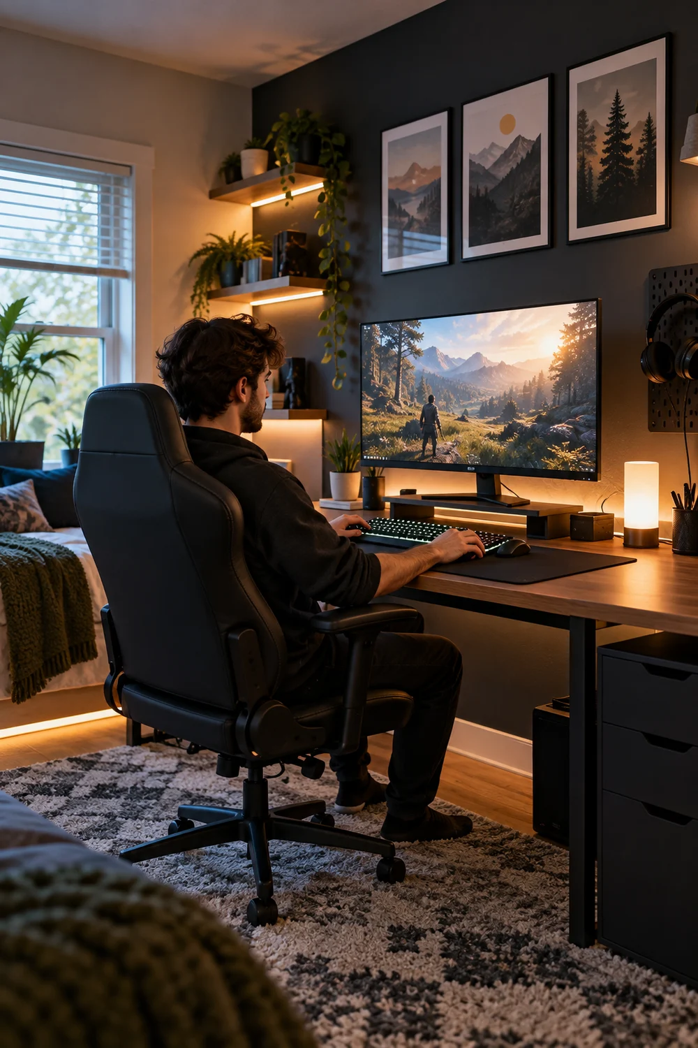 Completed gaming room under $500 being tested for comfort, lighting, and desk layout