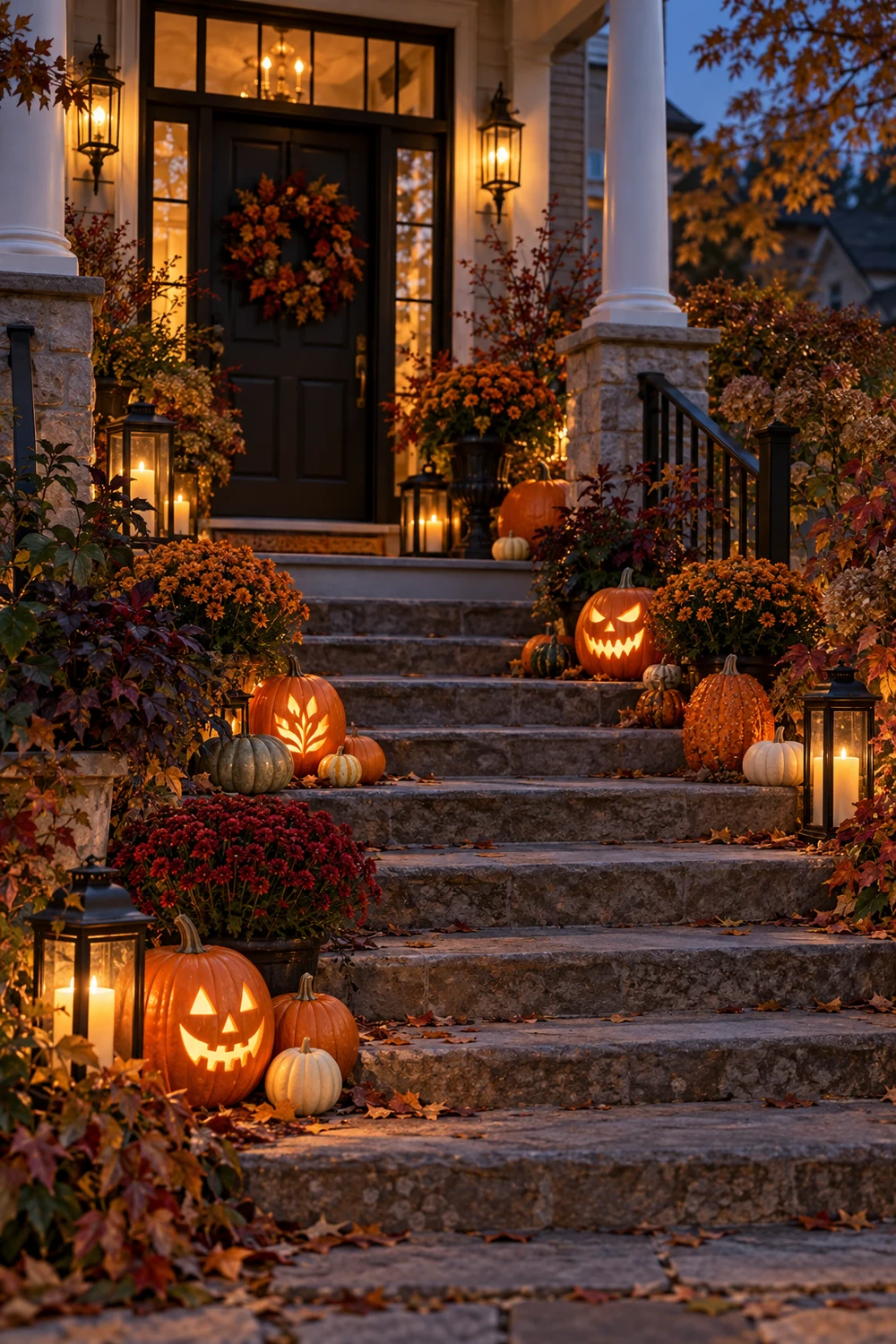 Glowing pumpkins arranged in groups on front porch steps at dusk