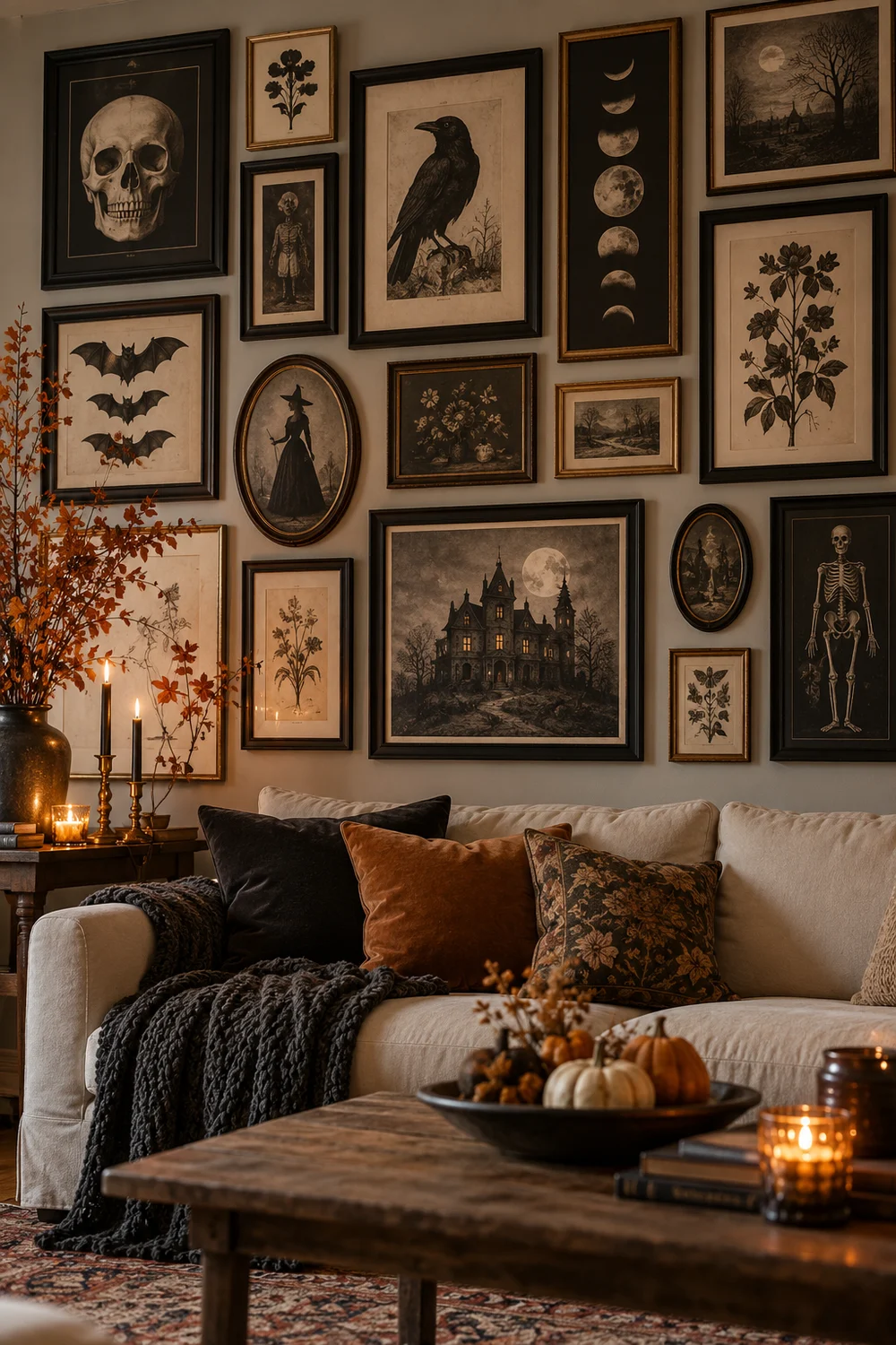 Vintage Halloween Gallery Wall Vintage Halloween gallery wall with moon phases, botanical prints, ravens, and antique frames