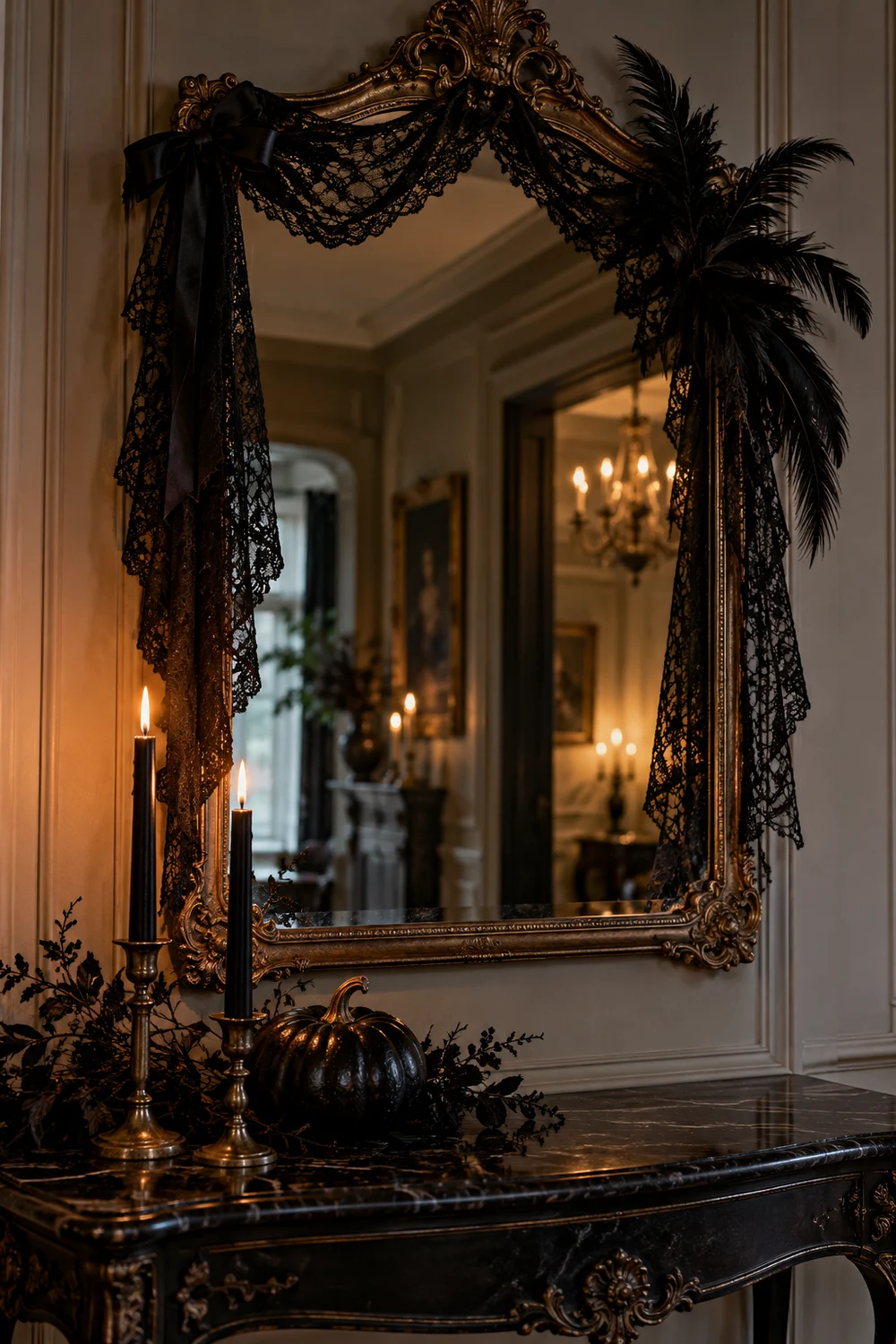 Black Lace Halloween Mirror Ornate mirror decorated with black lace, feathers, taper candles, and a dark pumpkin