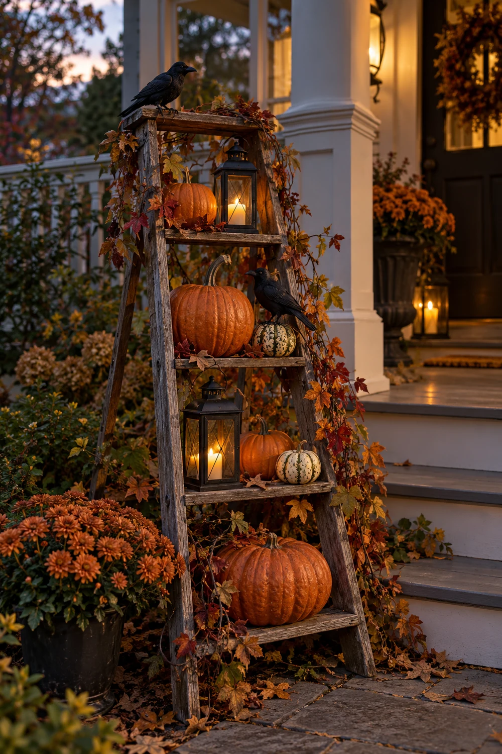 Old wooden ladder decorated with pumpkins lanterns and faux crows