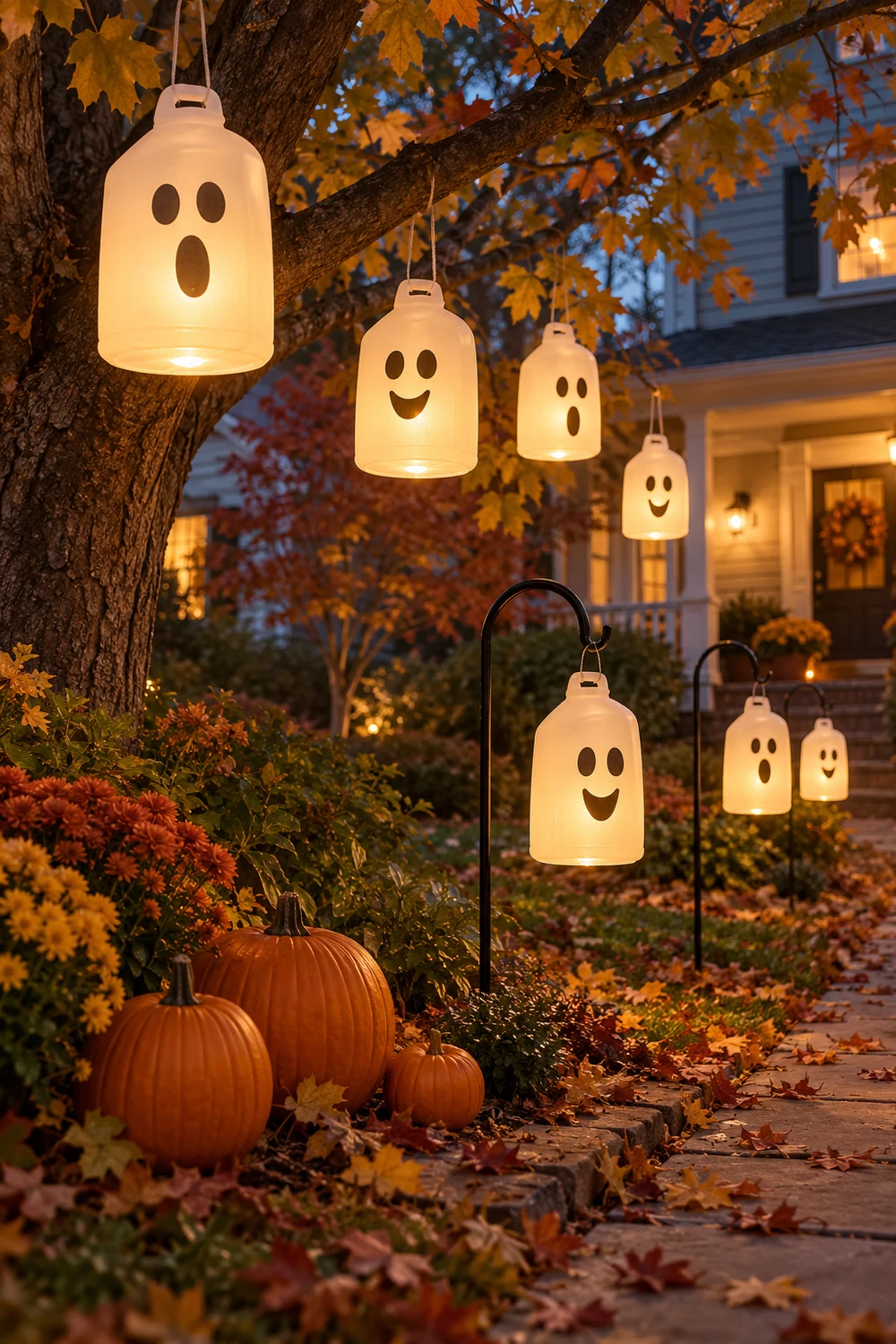 Glowing milk jug ghost lanterns hanging in an autumn front yard