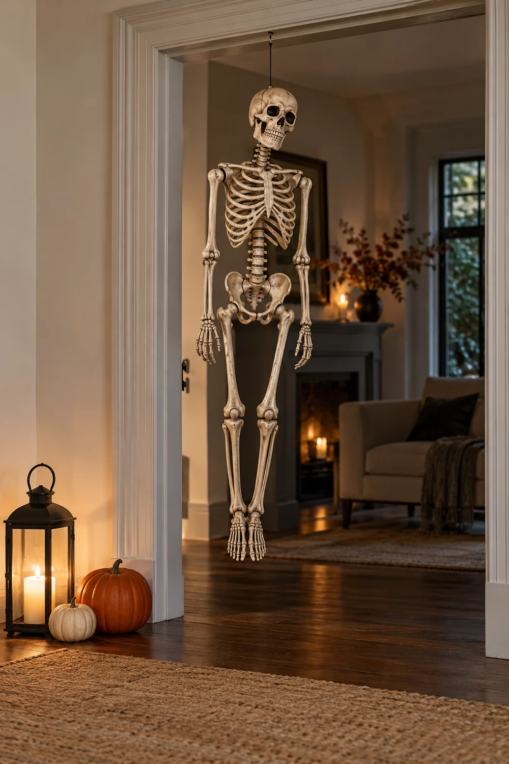 Oversized Doorway Skeleton Decor Oversized decorative skeleton hanging in an indoor doorway beside a lantern and pumpkins