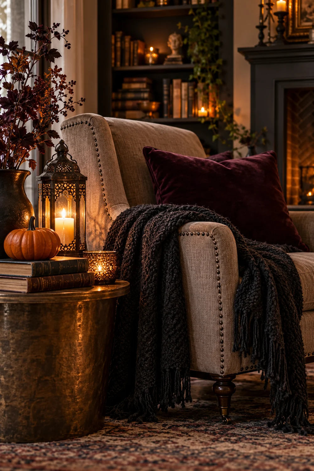 Moody Halloween Reading Nook Cozy Halloween reading nook with dark throw, plum cushion, lantern, books, and pumpkin
