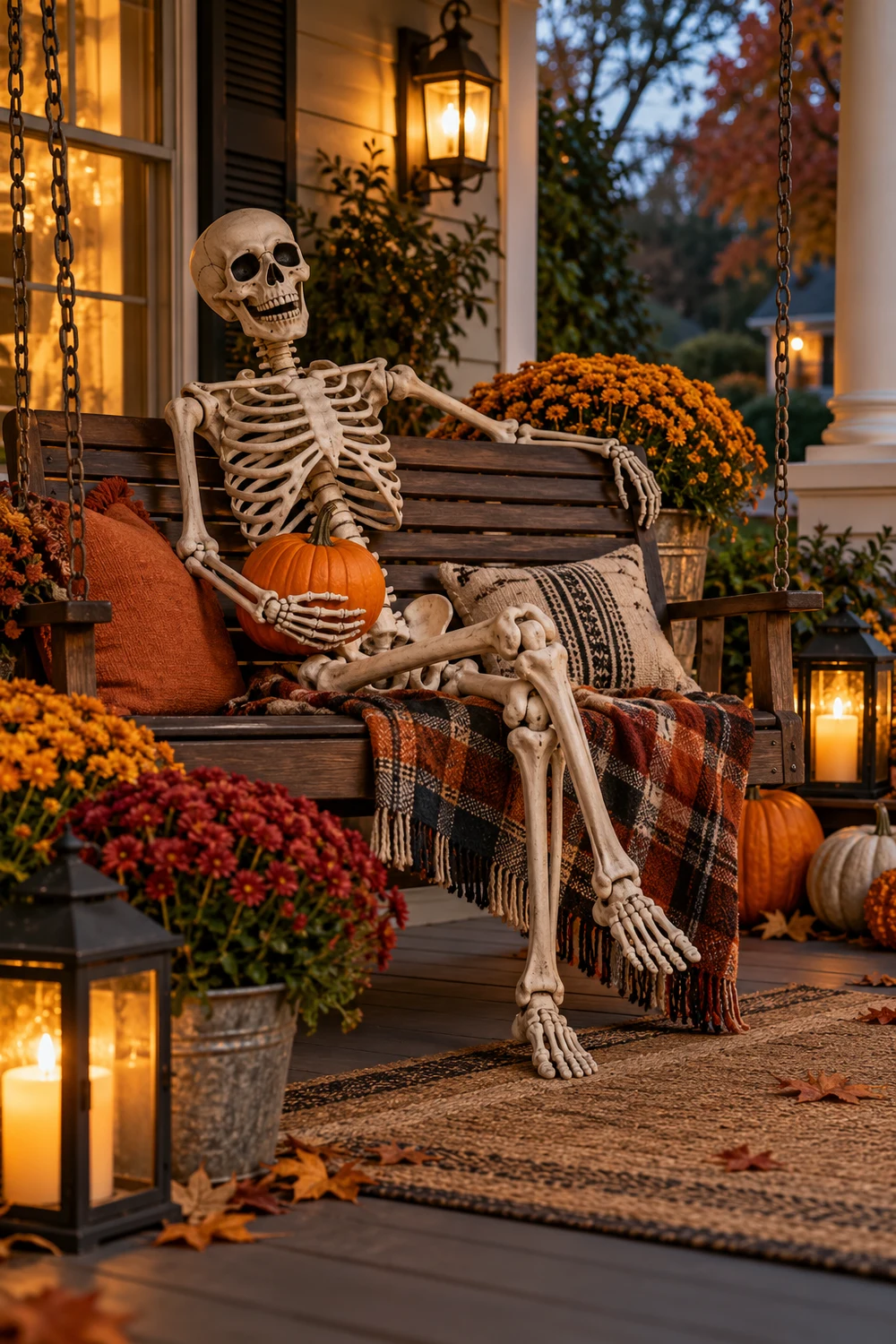 Decorative skeleton seated on a porch swing holding a pumpkin