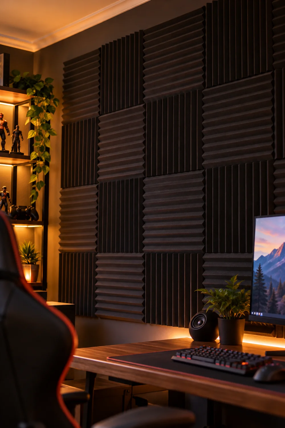 Acoustic foam panels mounted on a gaming room wall with removable strips