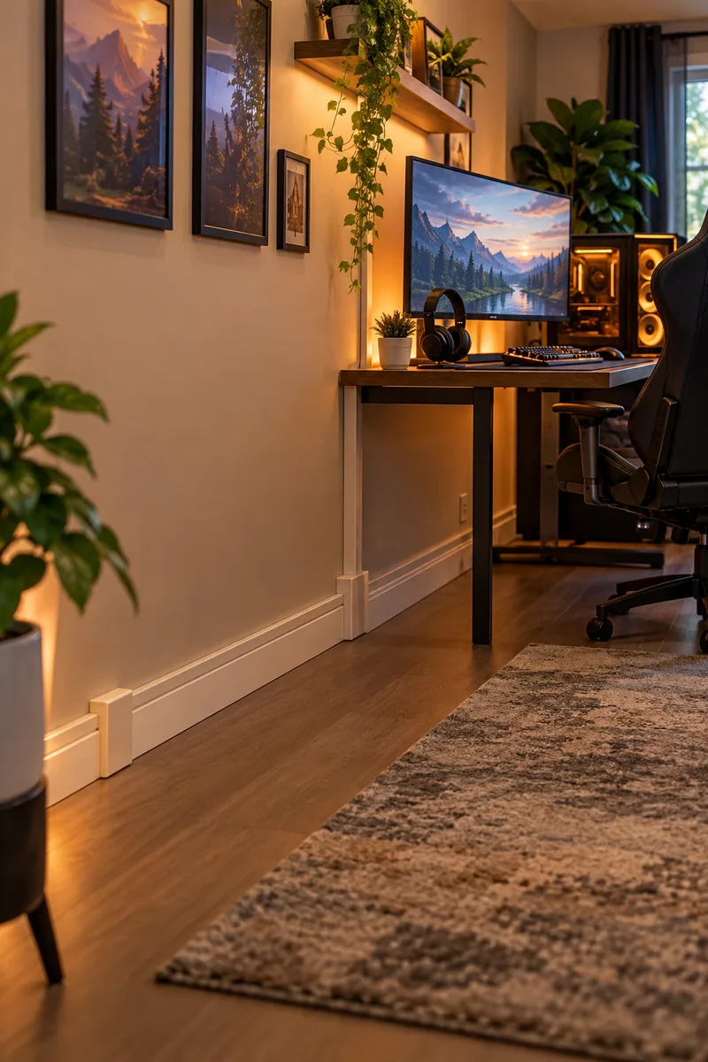 Cables hidden in paint matched raceways along the wall of a gaming room