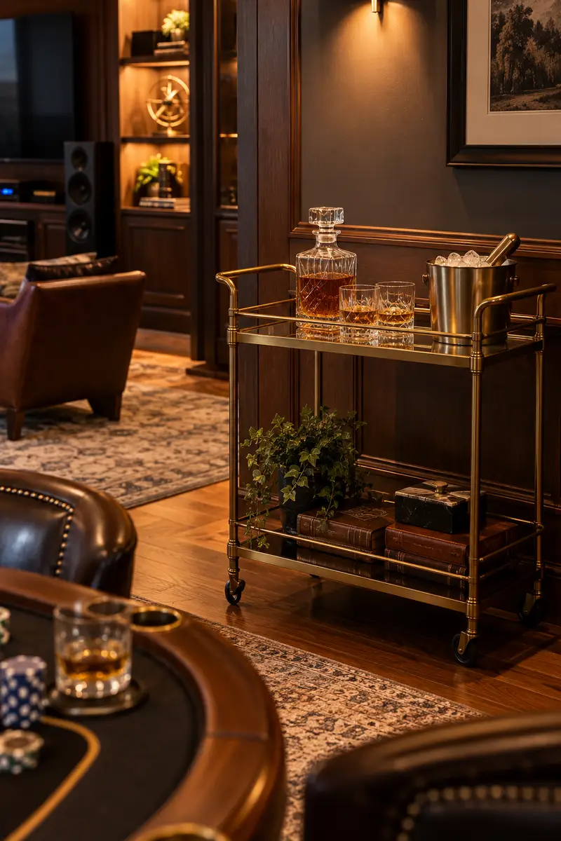 Elegant drinks station with bar cart in a sophisticated adult gaming room