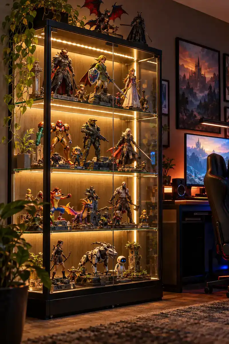 Game collectibles displayed in a glass front cabinet with warm lighting