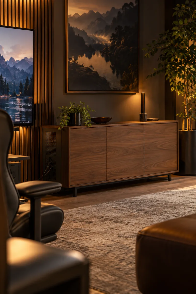 PC tower hidden inside a ventilated wooden cabinet in an adult gaming room