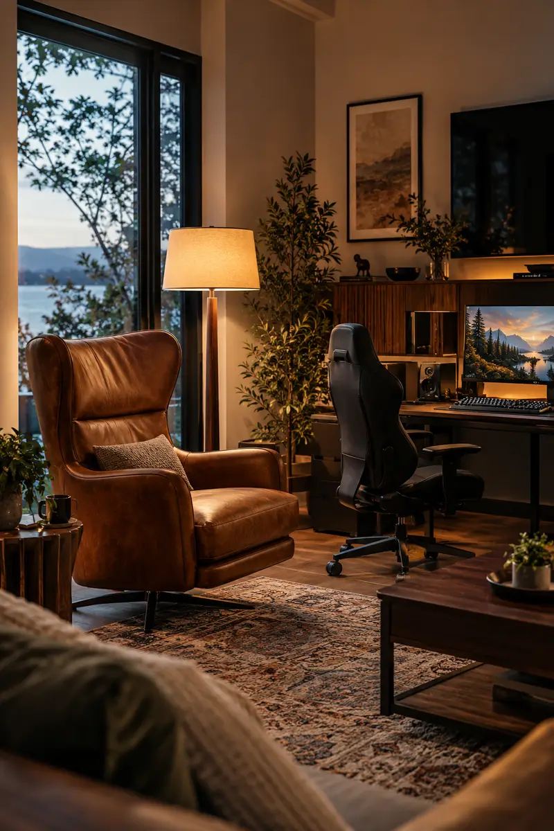Leather armchair beside a gaming setup in a sophisticated adult gaming room