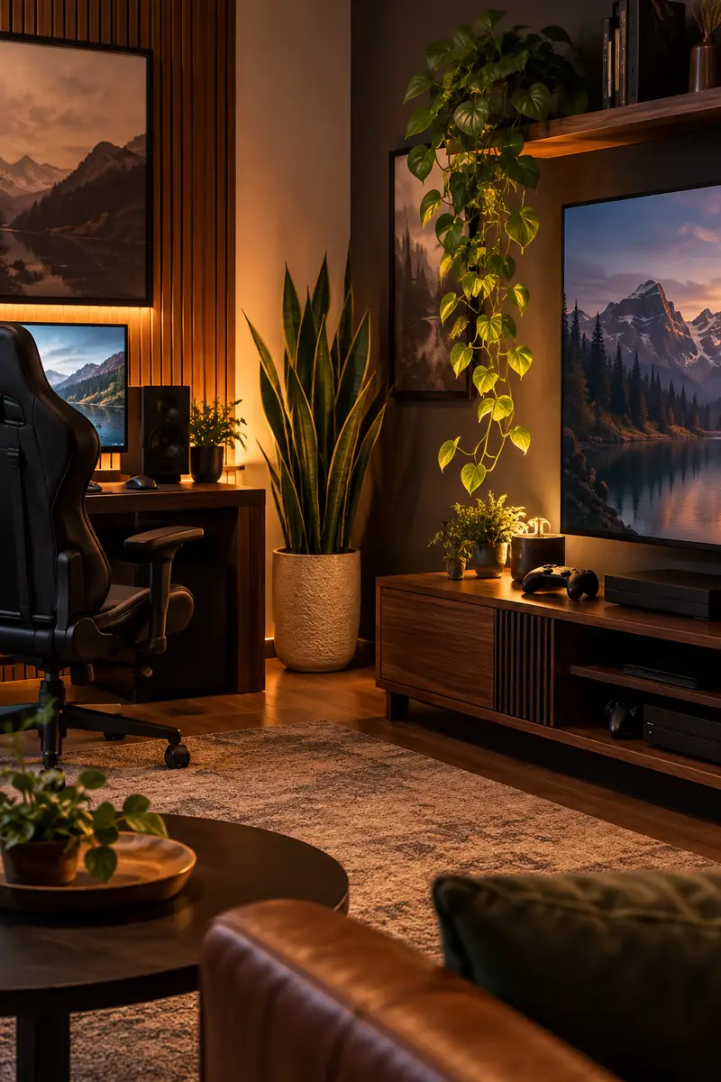 Snake plant and pothos adding greenery to a sophisticated adult gaming room
