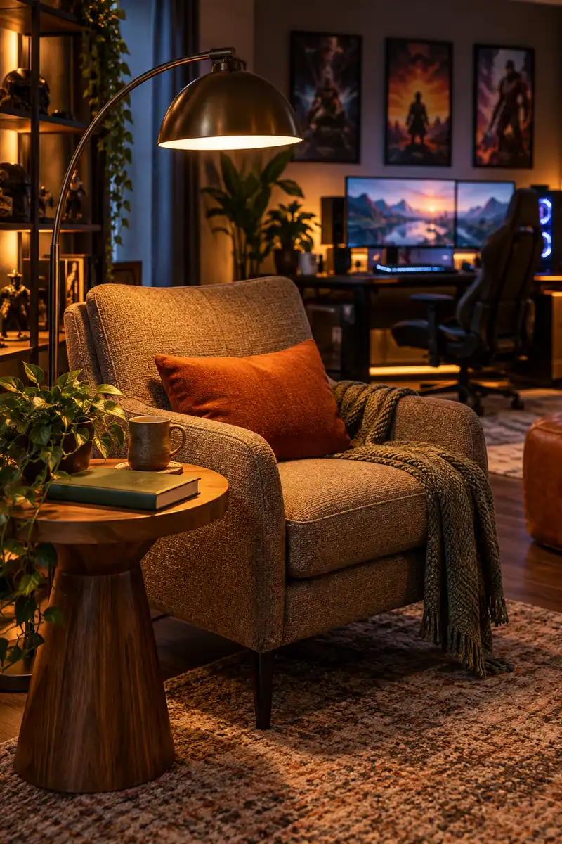 Reading chair with side table and lamp in the corner of an adult gaming room