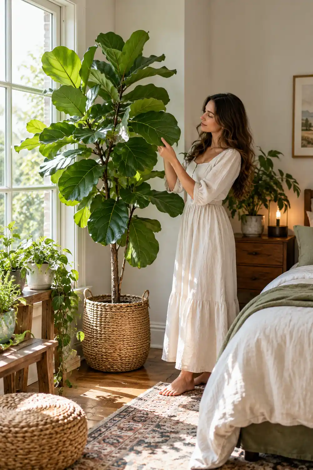 Aesthetic Bedroom Plant Ideas: Fiddle-Leaf Fig Statement Fiddle-leaf fig tree in a woven basket in a bright bedroom corner