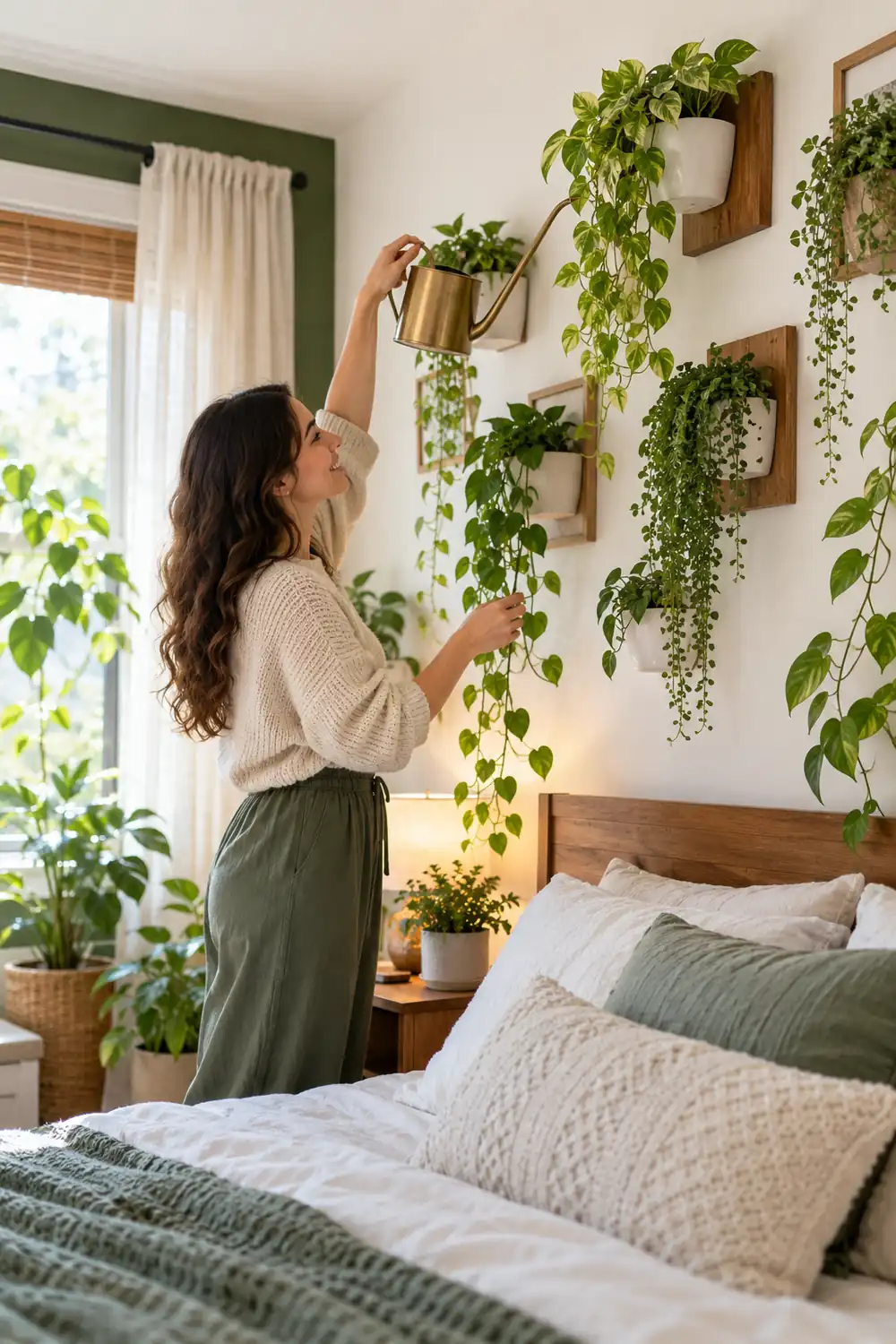 Aesthetic Bedroom Plant Ideas: Plant Gallery Wall Wall mounted small planters with trailing plants forming a gallery wall in a bedroom