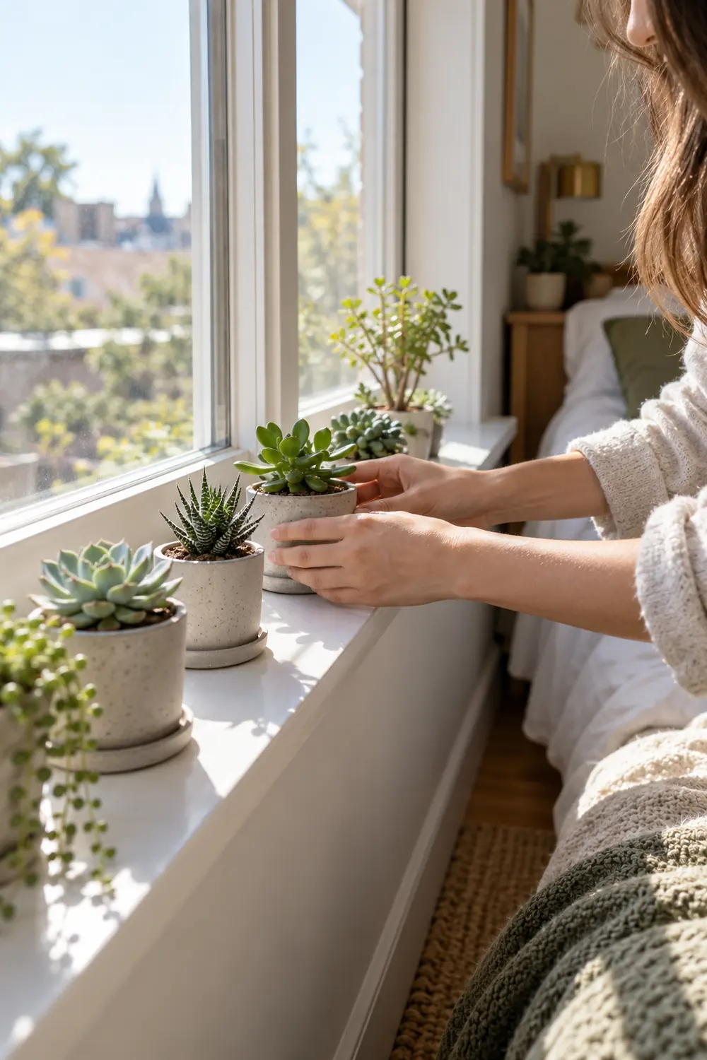 Aesthetic Bedroom Plant Ideas: Windowsill Succulent Garden Row of tiny succulents in concrete pots on a sunny bedroom windowsill