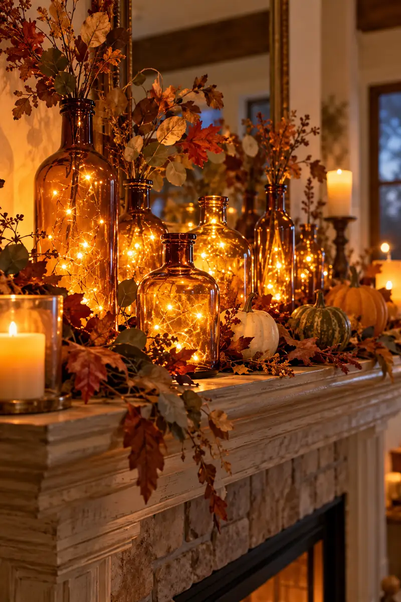 Amber glass bottles filled with fairy lights glowing on a mantel