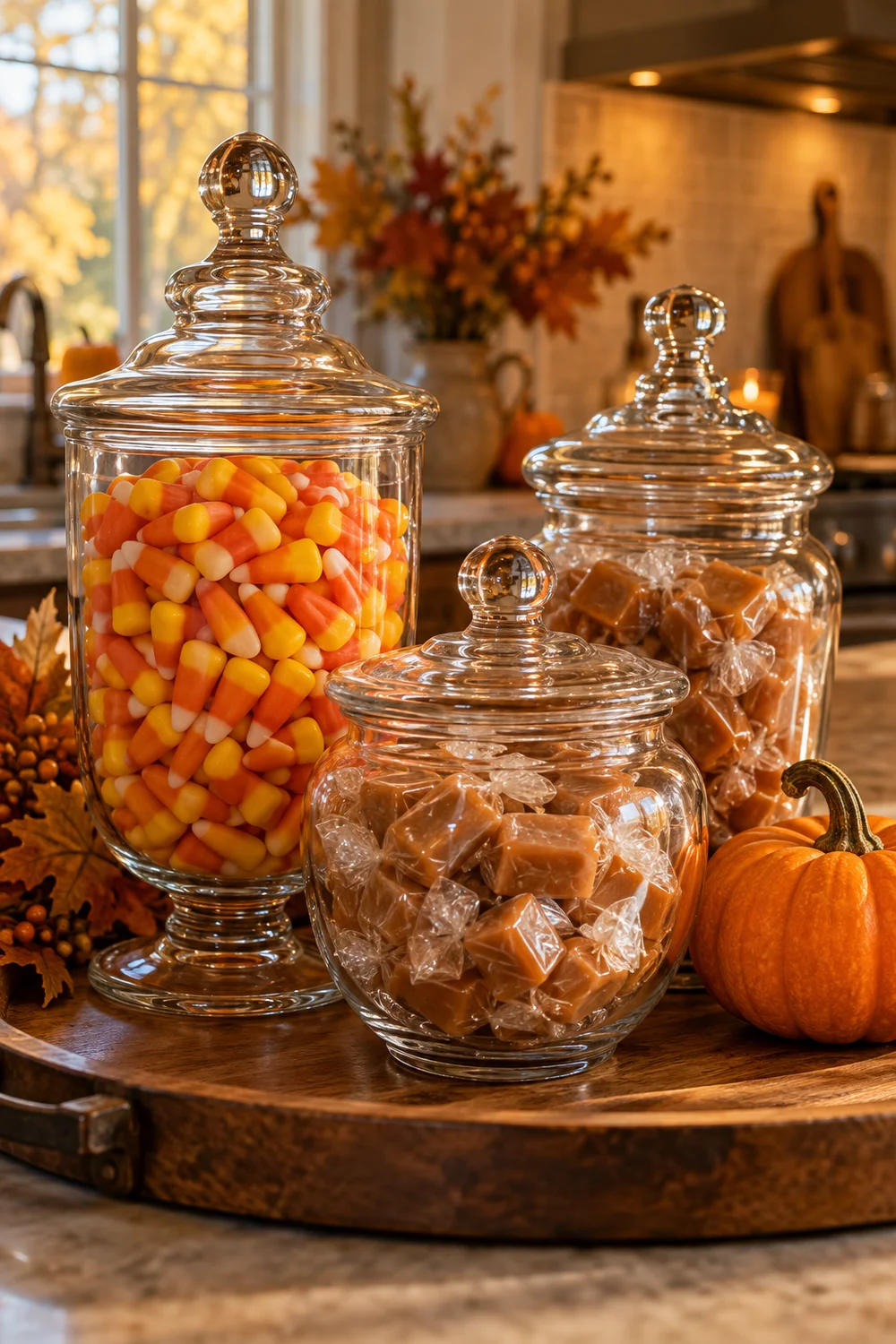 Vintage apothecary jars filled with Halloween candy on a wooden tray