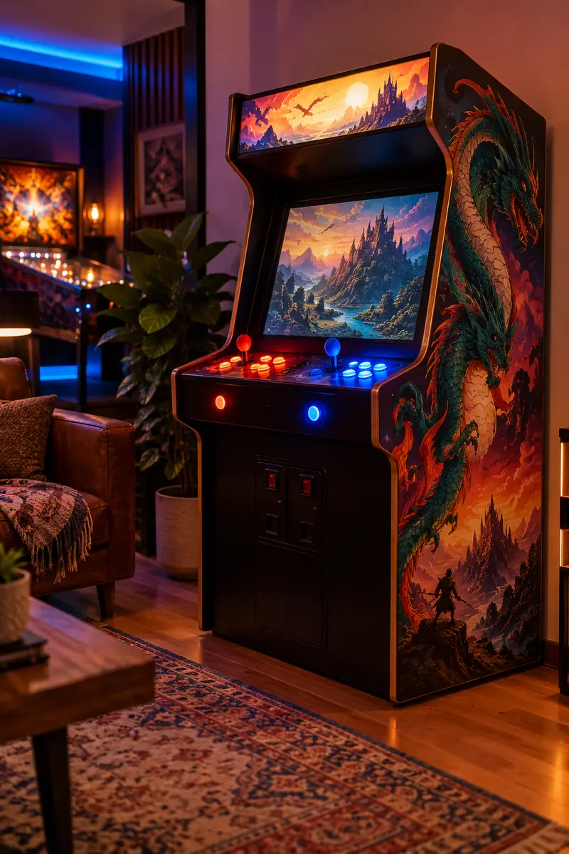 Full-size arcade cabinet glowing in a home arcade room corner