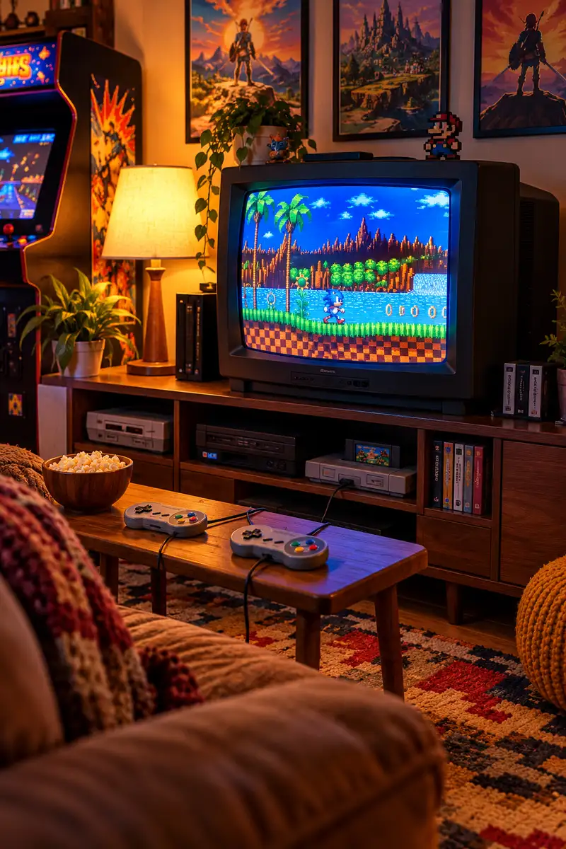 CRT television with retro game controllers in a cozy home arcade corner
